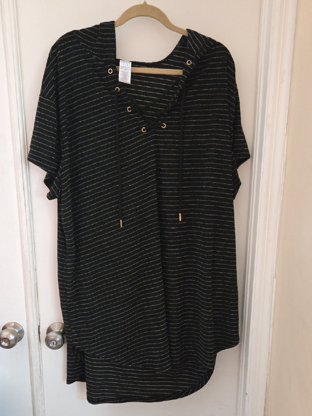 Swim Cover Black Striped Hooded Tunic with Eyelet Drawstring